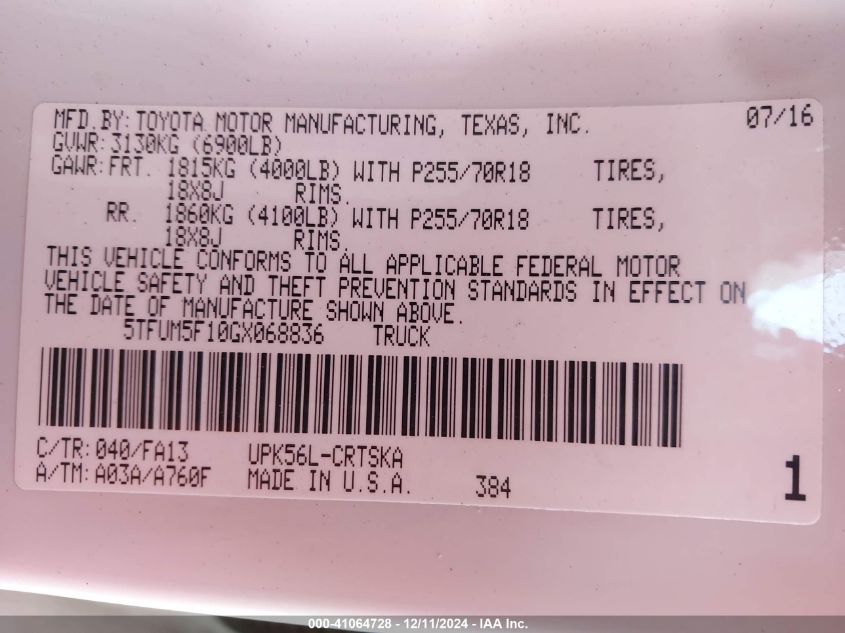 VIN 5TFUM5F10GX068836 2016 Toyota Tundra, Sr 4.6L V8 no.9