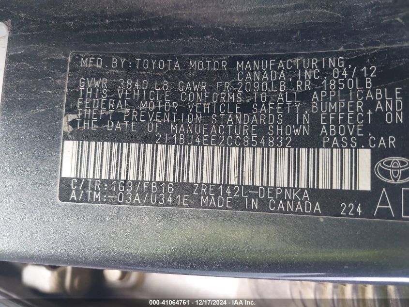 2012 Toyota Corolla VIN: 2T1BU4FE2CC854832 Lot: 41064761