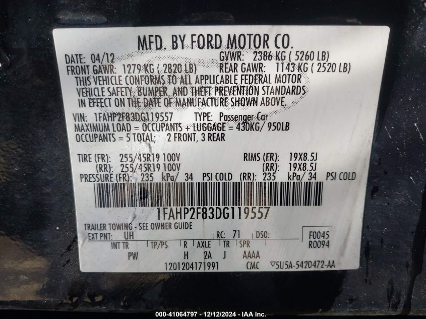 VIN 1FAHP2F83DG119557 2013 Ford Taurus, Limited no.9