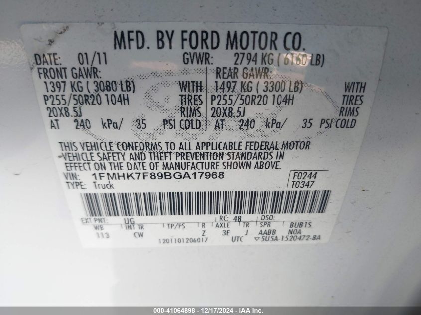 2011 Ford Explorer Limited VIN: 1FMHK7F89BGA17968 Lot: 41064898