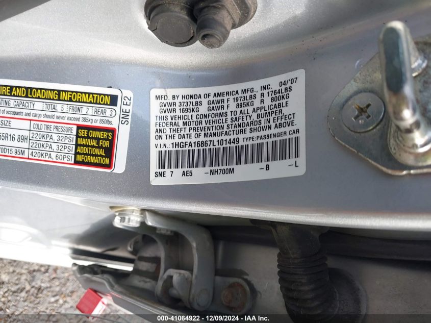 2007 Honda Civic Ex VIN: 1HGFA16867L101449 Lot: 41064922