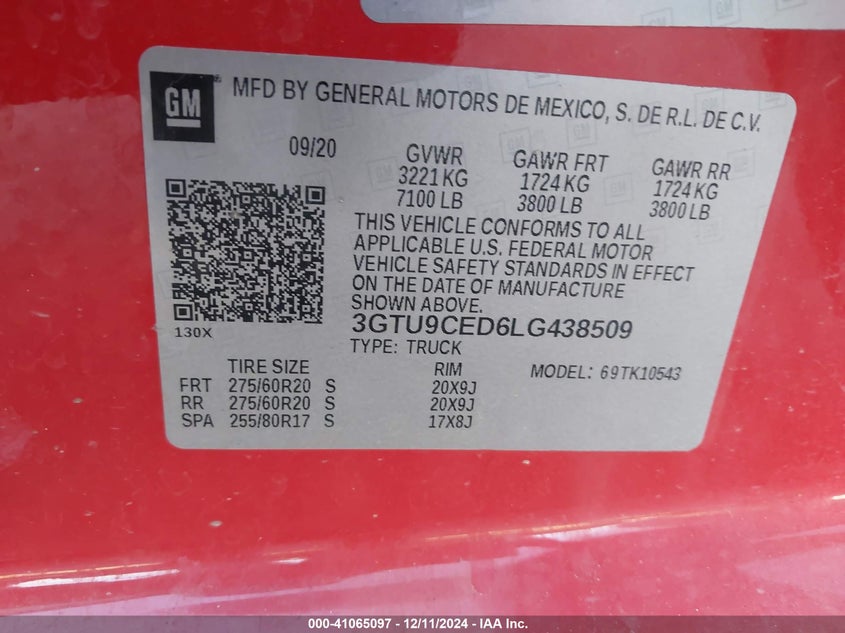 2020 GMC SIERRA 1500 VIN: 3GTU9CED6LG438509