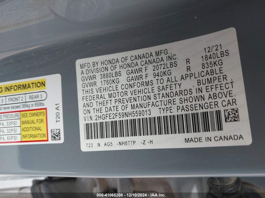 2022 HONDA CIVIC VIN: 2HGFE2F59NH559013