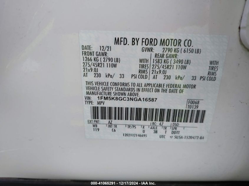 2022 Ford Explorer St VIN: 1FM5K8GC3NGA16587 Lot: 41065291