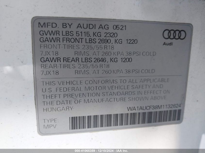 VIN WA1AUCF38M1132624 2021 Audi Q3, Premium 40 Tfsi... no.9