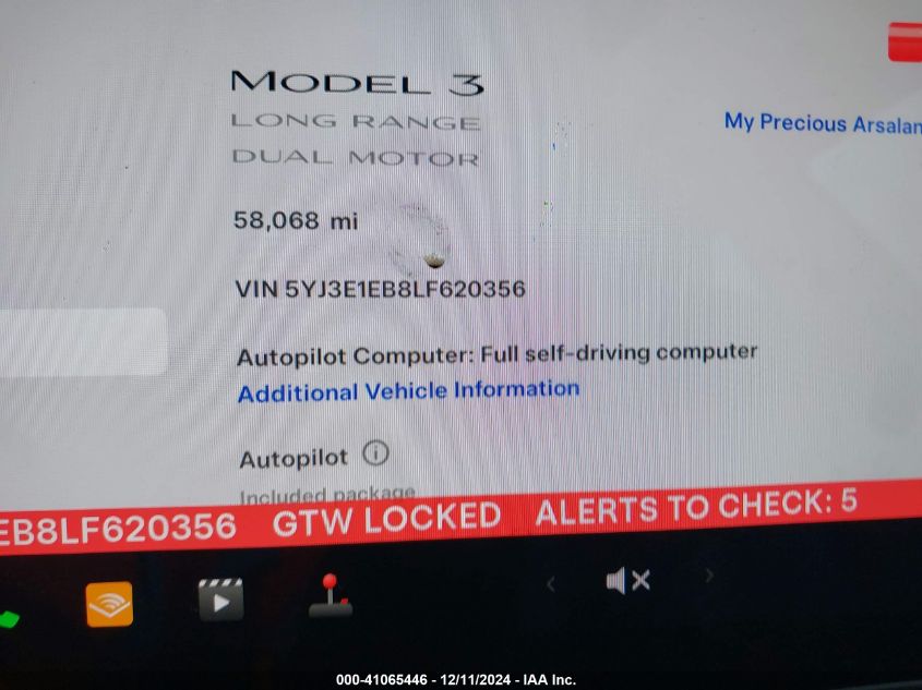 2020 Tesla Model 3 Long Range Dual Motor All-Wheel Drive VIN: 5YJ3E1EB8LF620356 Lot: 41065446