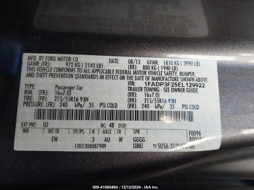 VIN 1FADP3F25EL129922 2014 Ford Focus, SE no.9