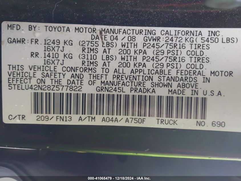 2008 Toyota Tacoma Base V6 VIN: 5TELU42N28Z577822 Lot: 41065479