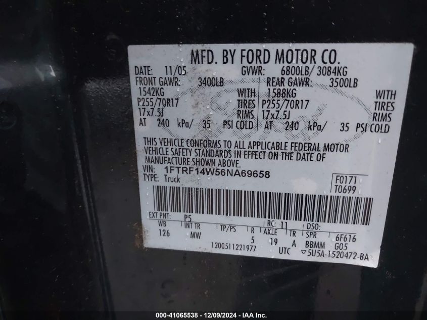 2006 Ford F-150 Stx/Xl/Xlt VIN: 1FTRF14W56NA69658 Lot: 41065538