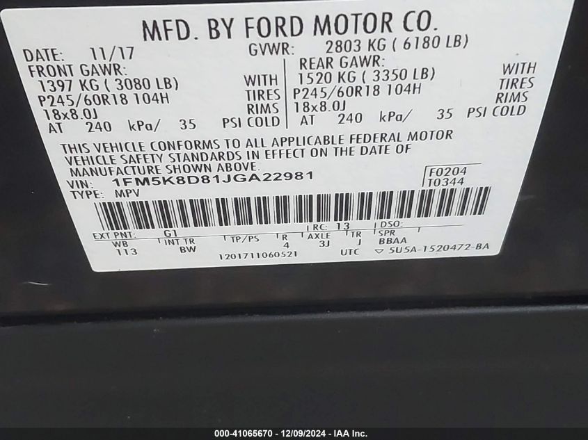 VIN 1FM5K8D81JGA22981 2018 Ford Explorer, Xlt no.9