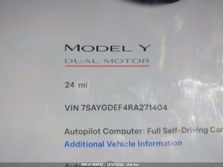 2024 Tesla Model Y Performance Dual Motor All-Wheel Drive VIN: 7SAYGDEF4RA271404 Lot: 41065687