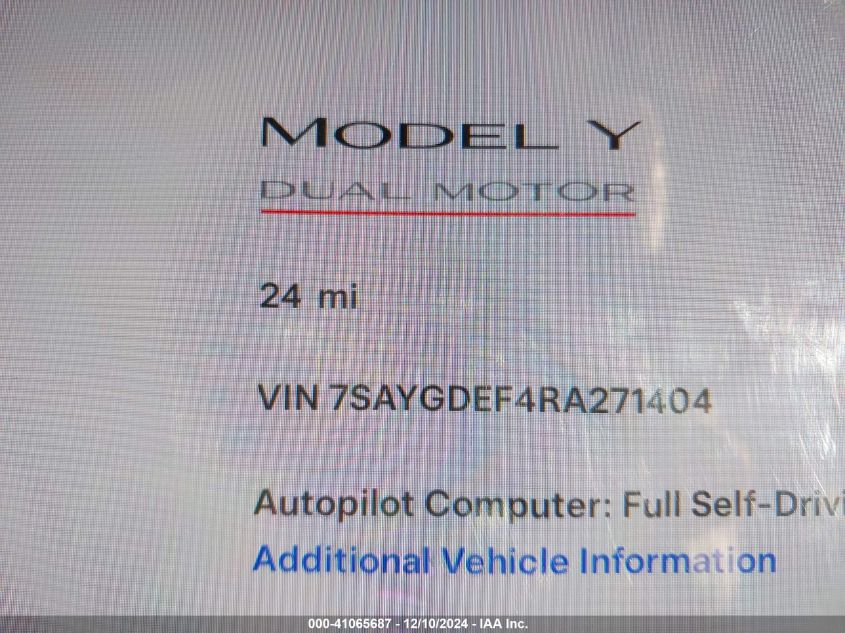 2024 Tesla Model Y Performance Dual Motor All-Wheel Drive VIN: 7SAYGDEF4RA271404 Lot: 41065687