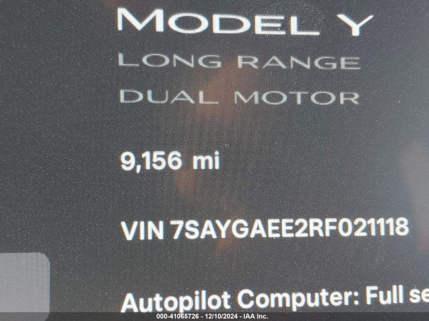 2024 Tesla Model Y Long Range Dual Motor All-Wheel Drive VIN: 7SAYGAEE2RF021118 Lot: 41065726