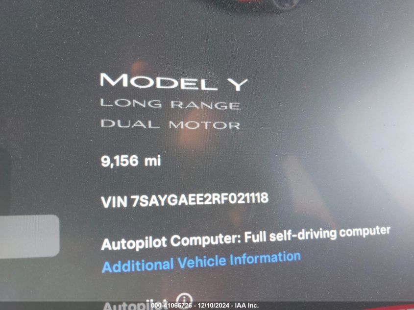 2024 Tesla Model Y Long Range Dual Motor All-Wheel Drive VIN: 7SAYGAEE2RF021118 Lot: 41065726