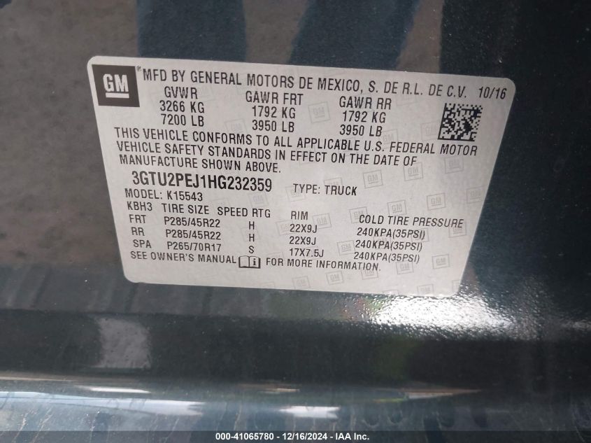 2017 GMC Sierra 1500 Denali VIN: 3GTU2PEJ1HG232359 Lot: 41065780