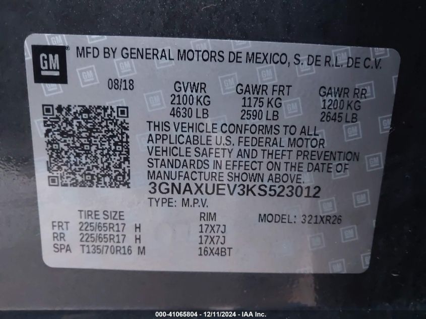 VIN 3GNAXUEV3KS523012 2019 CHEVROLET EQUINOX no.9