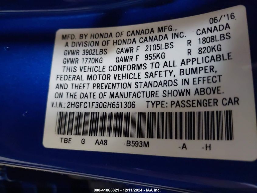 VIN 2HGFC1F30GH651306 2016 Honda Civic, Ex-T no.9