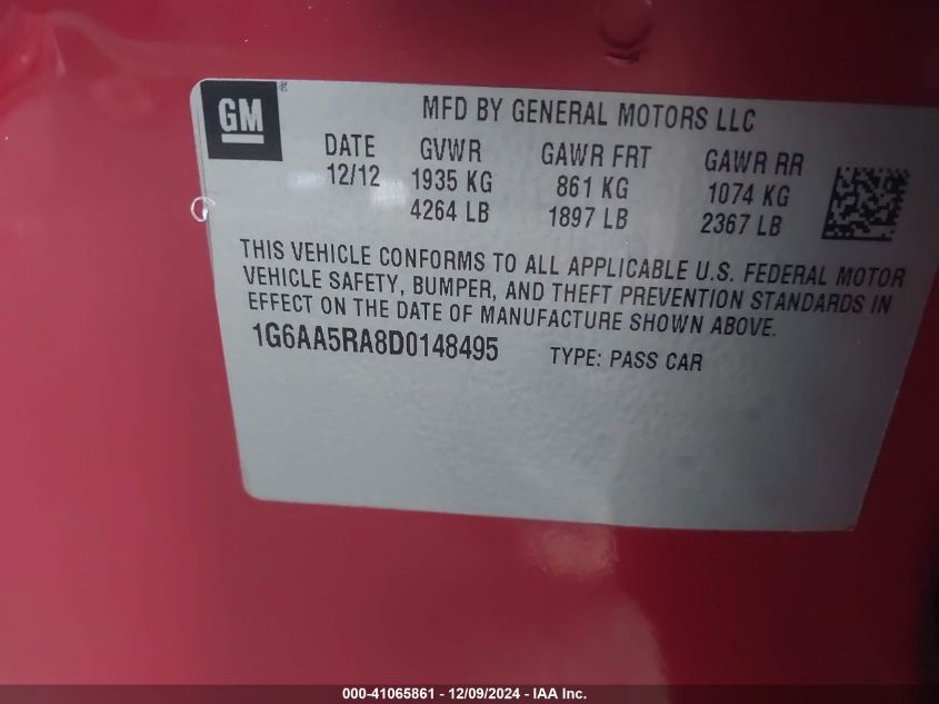 2013 Cadillac Ats Standard VIN: 1G6AA5RA8D0148495 Lot: 41065861