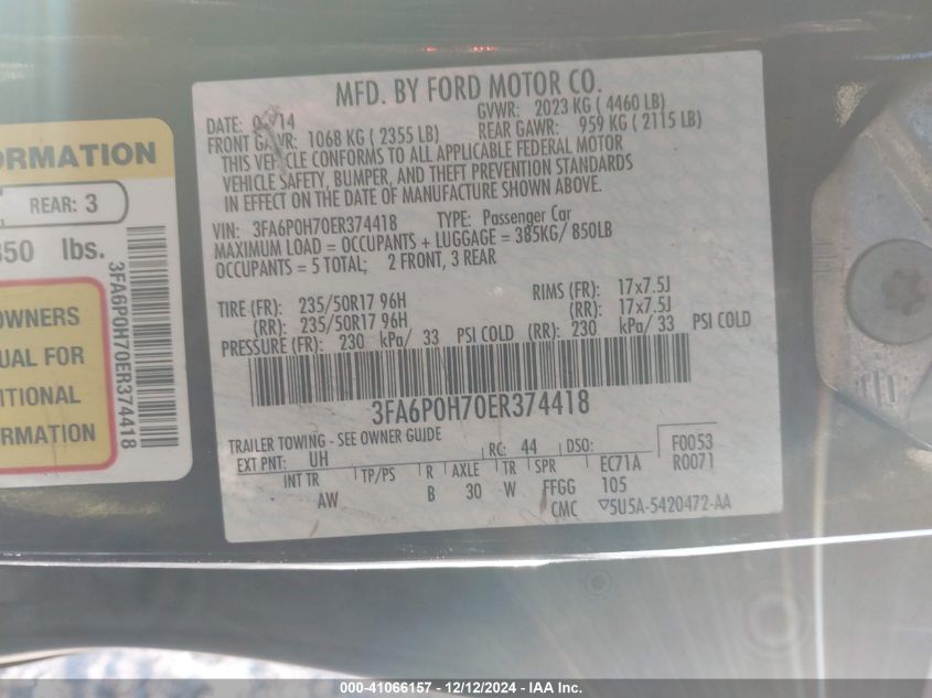 VIN 3FA6P0H70ER374418 2014 Ford Fusion, SE no.9