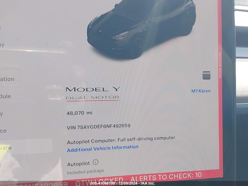 2022 Tesla Model Y Performance Dual Motor All-Wheel Drive VIN: 7SAYGDEF6NF492659 Lot: 41066199