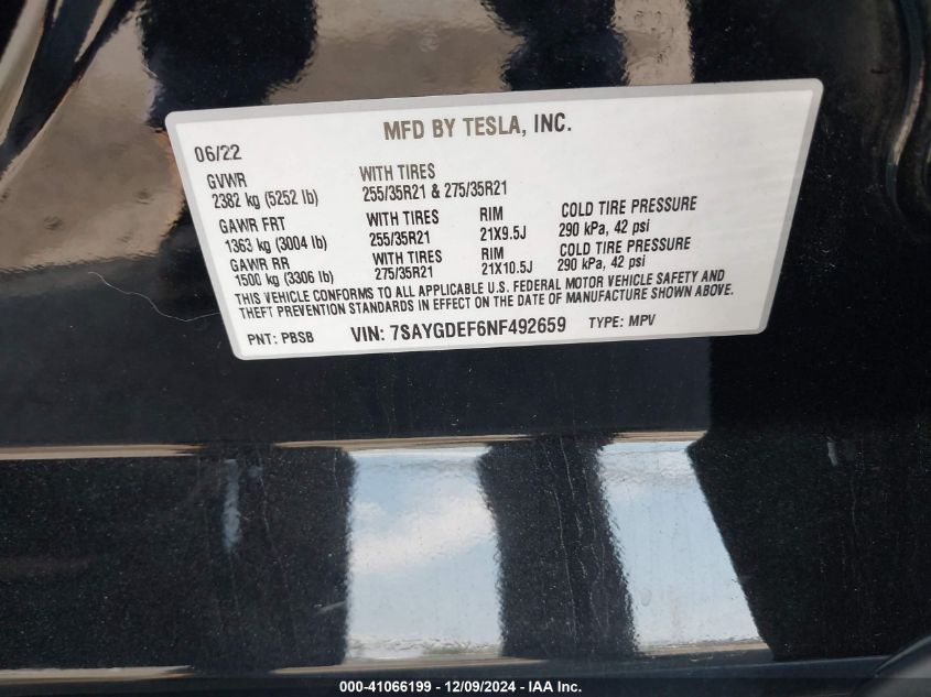 2022 Tesla Model Y Performance Dual Motor All-Wheel Drive VIN: 7SAYGDEF6NF492659 Lot: 41066199