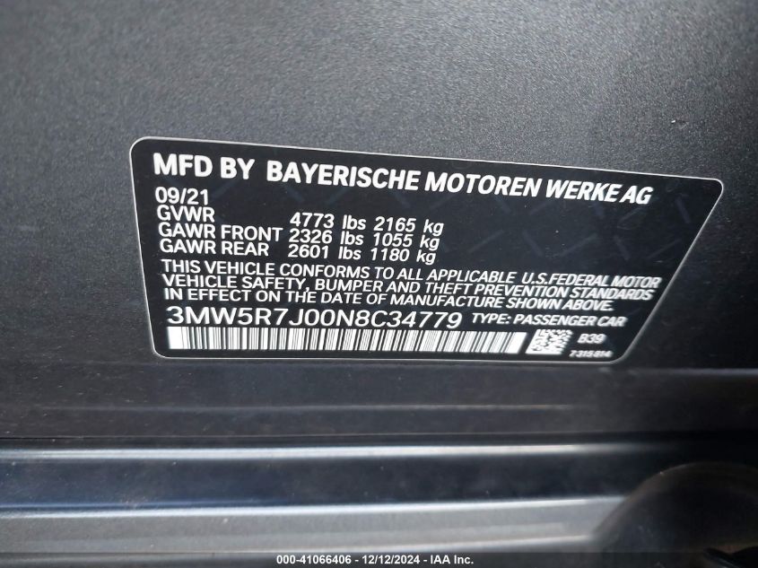 VIN 3MW5R7J00N8C34779 2022 BMW 3 Series, 330I Xdrive no.9