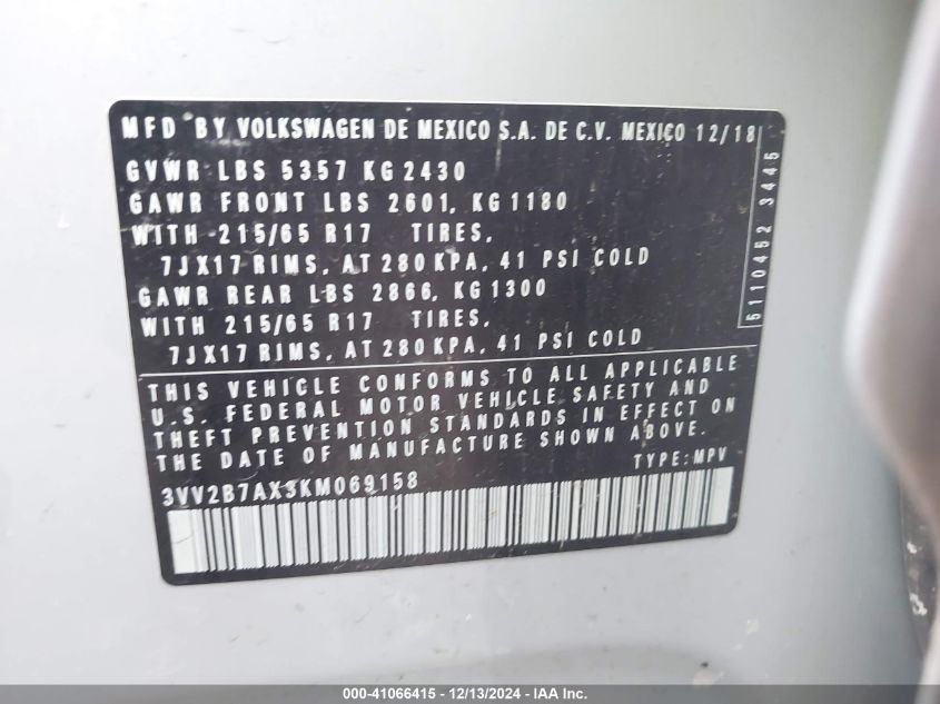 VIN 3VV2B7AX3KM069158 2019 VOLKSWAGEN TIGUAN no.9