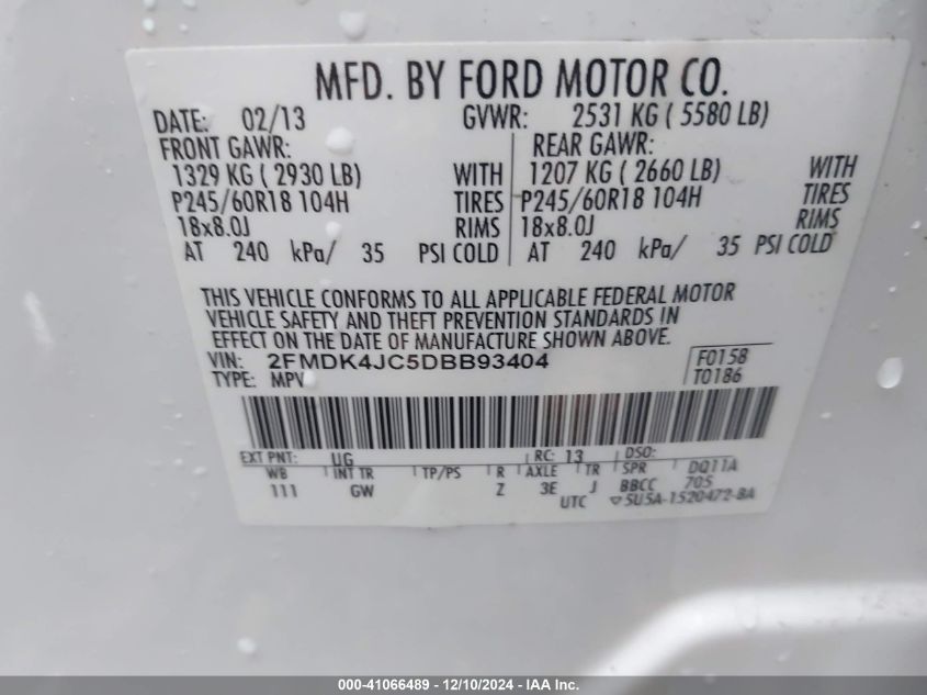 VIN 2FMDK4JC5DBB93404 2013 Ford Edge, Sel no.9