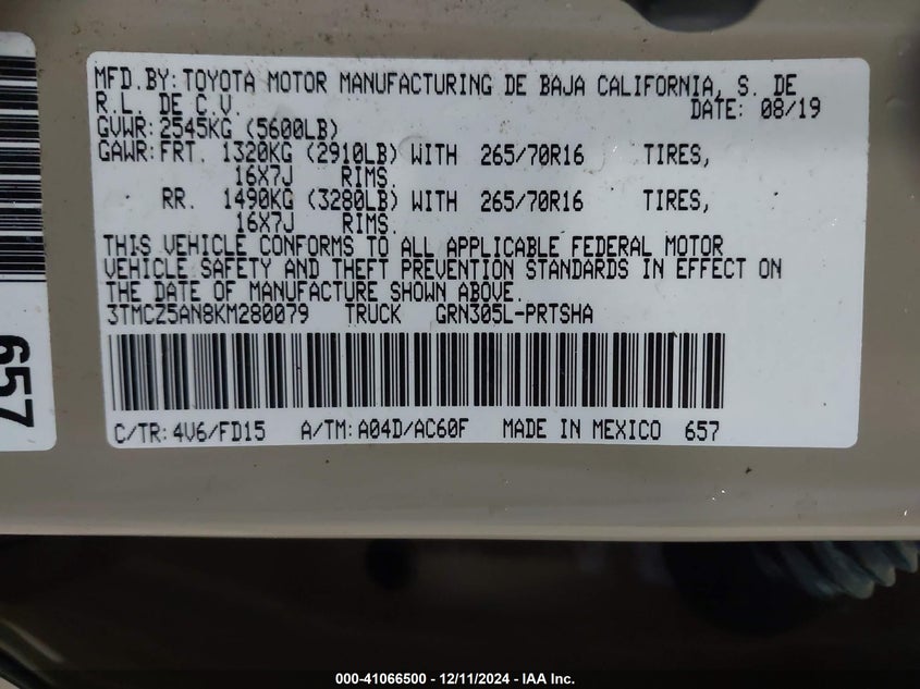 2019 TOYOTA TACOMA VIN: 3TMCZ5AN8KM280079