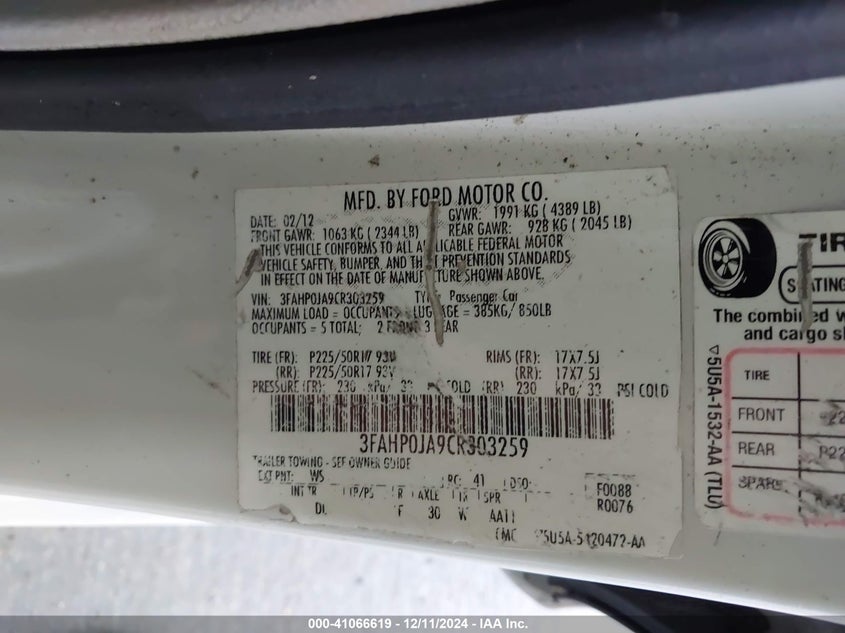 2012 FORD FUSION VIN: 3FAHP0JA9CR303259