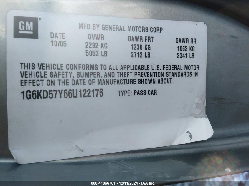 2006 CADILLAC DTS VIN: 1G6KD57Y66U122176