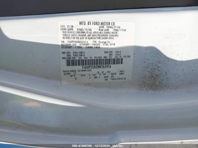 2008 FORD FOCUS VIN: 1FAHP35N28W263416