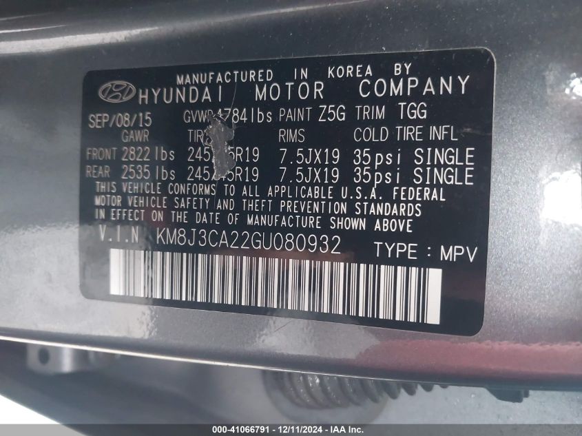 VIN KM8J3CA22GU080932 2016 Hyundai Tucson, Sport no.9