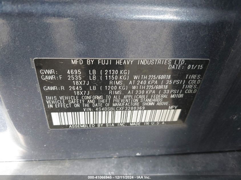 VIN 4S4BSBLCXF3280369 2015 Subaru Outback, 2.5I Lim... no.9