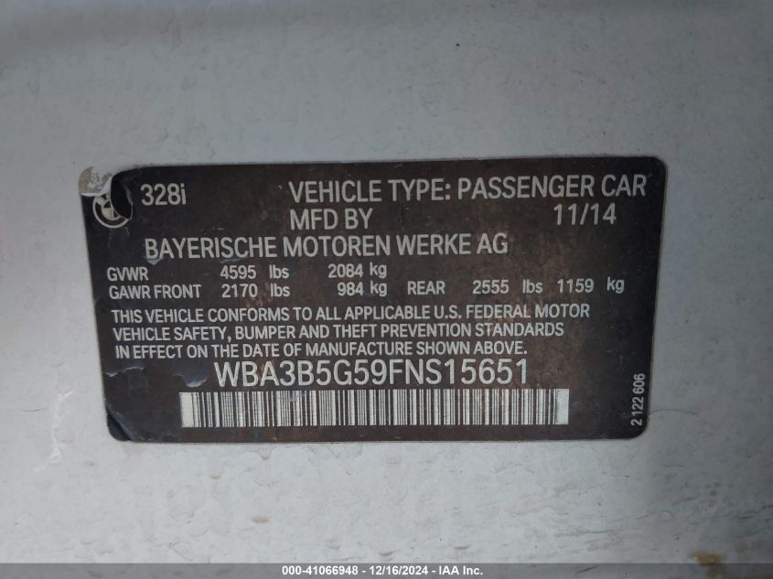 VIN WBA3B5G59FNS15651 2015 BMW 3 Series, 328I Xdrive no.9