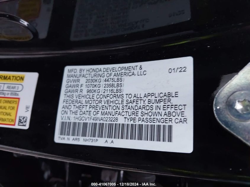 VIN 1HGCV1F49NA023228 2022 Honda Accord, Sport Spec... no.9