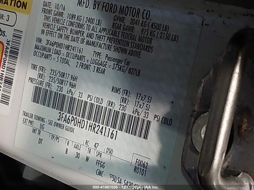2017 FORD FUSION VIN: 3FA6P0HD1HR241161