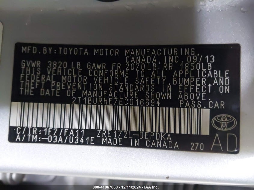 2014 TOYOTA COROLLA L/LE/LE PLS/PRM/S/S PLS - 2T1BURHE7EC016694