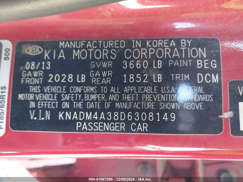 2013 Kia Rio Lx VIN: KNADM4A38D6308149 Lot: 41067095