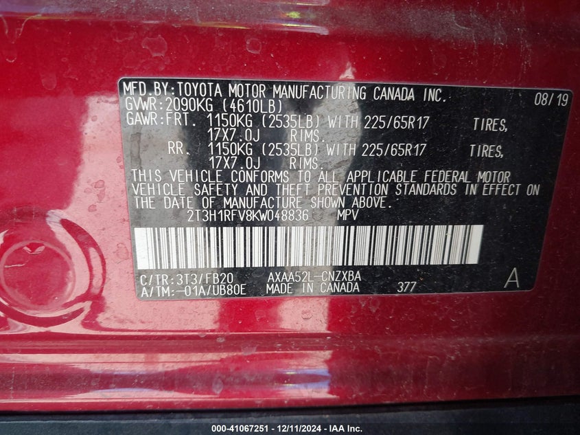 2019 TOYOTA RAV4 LE - 2T3H1RFV8KW048836