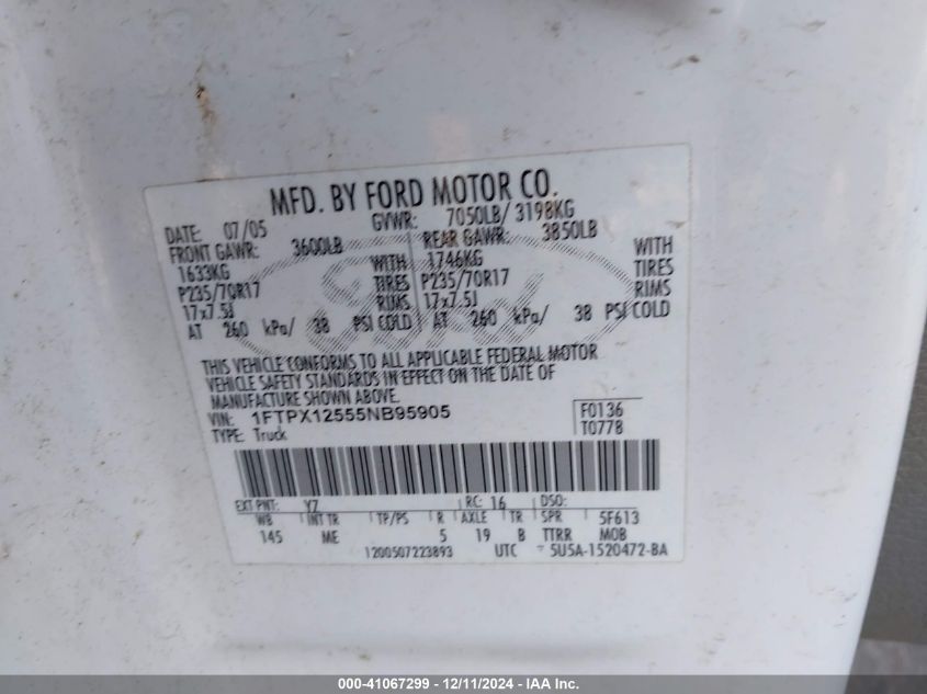 2005 Ford F-150 Lariat/Xl/Xlt VIN: 1FTPX12555NB95905 Lot: 41067299