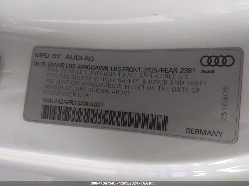 VIN WAUM2AFR2GA004026 2016 AUDI A5 no.9