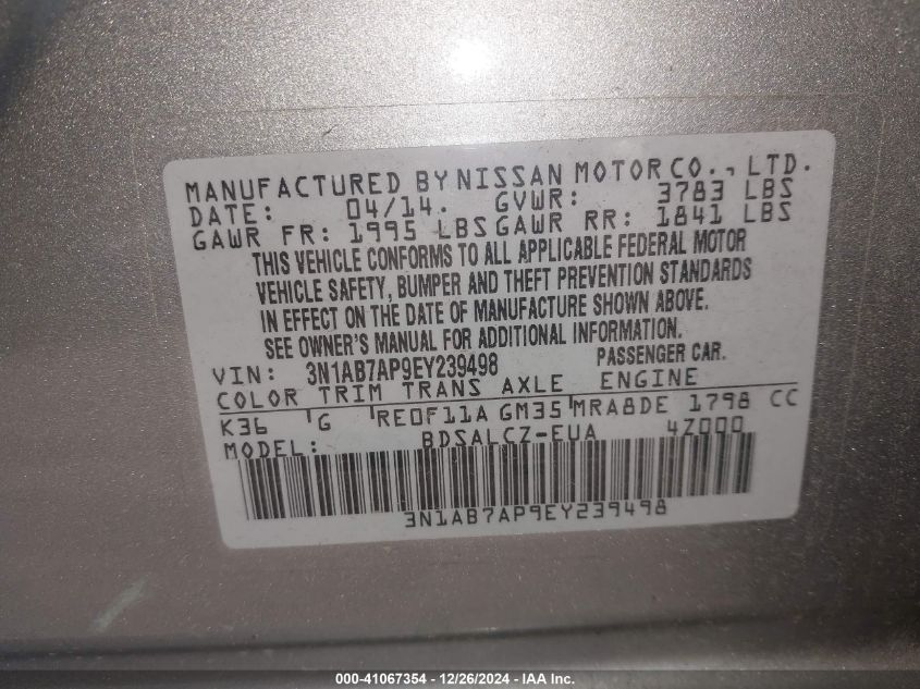 VIN 3N1AB7AP9EY239498 2014 Nissan Sentra, S no.9