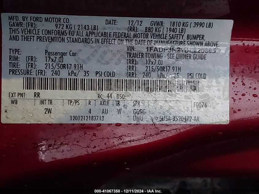 VIN 1FADP3K21DL225695 2013 Ford Focus, SE no.9