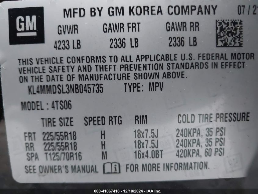 VIN KL4MMDSL3NB045735 2022 Buick Encore, GX Fwd Select no.9