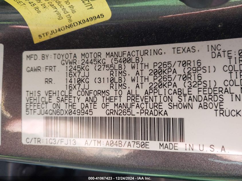 VIN 5TFJU4GN6DX049945 2013 Toyota Tacoma, Double Ca... no.9