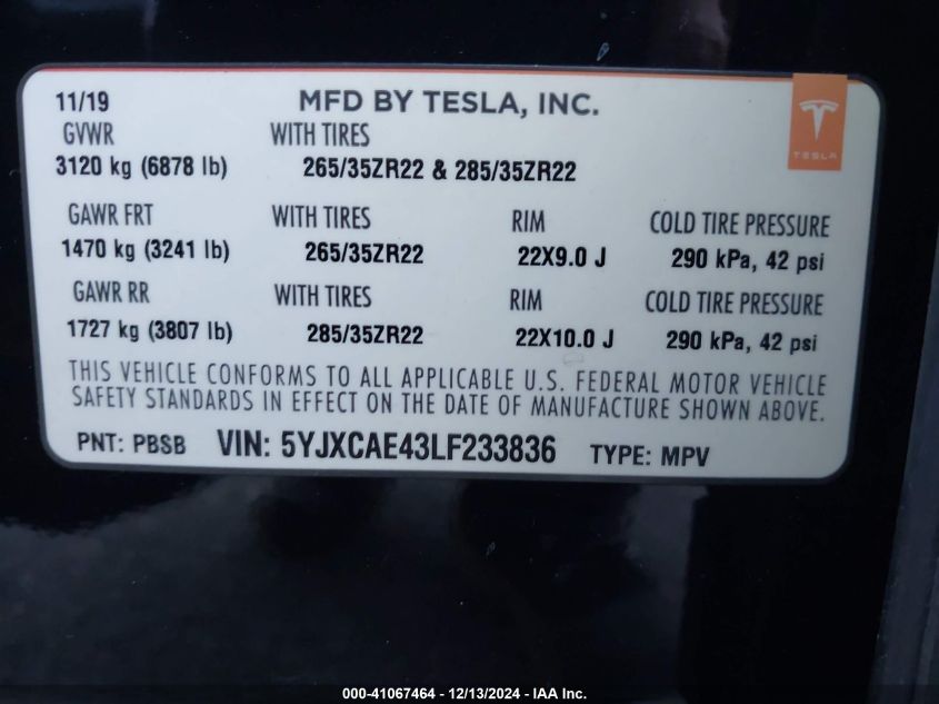 2020 Tesla Model X Performance Dual Motor All-Wheel Drive VIN: 5YJXCAE43LF233836 Lot: 41067464