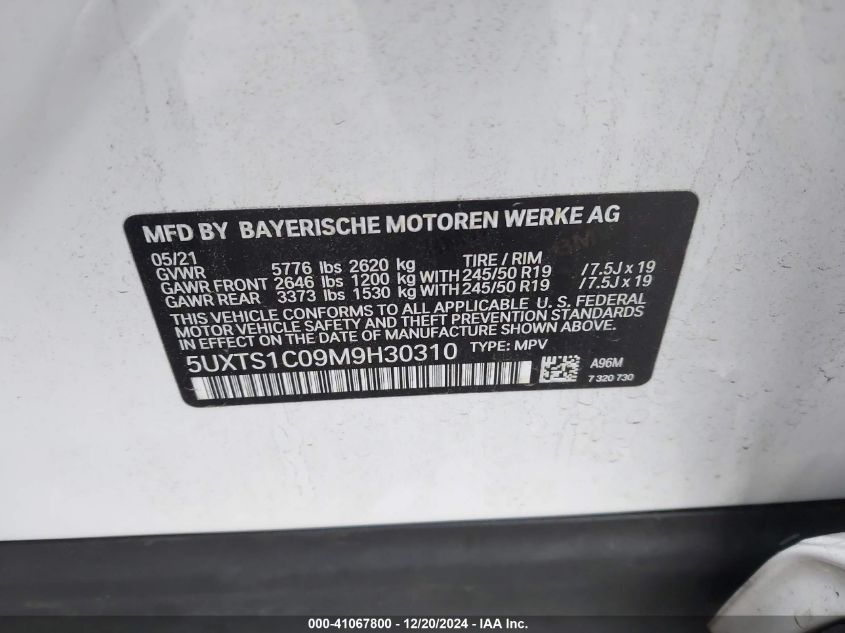 VIN 5UXTS1C09M9H30310 2021 BMW X3 Phev, Xdrive30E no.9