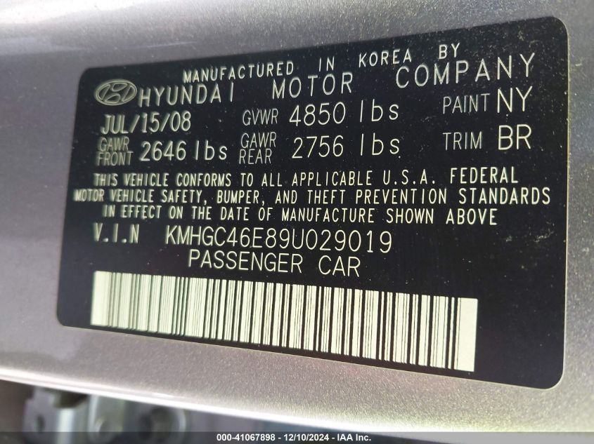 2009 Hyundai Genesis 3.8 VIN: KMHGC46E89U029019 Lot: 41067898