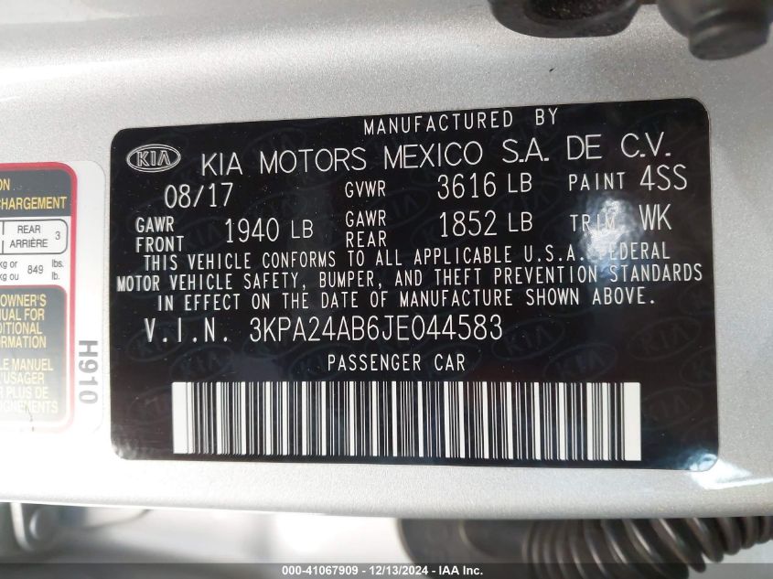 VIN 3KPA24AB6JE044583 2018 KIA RIO no.9